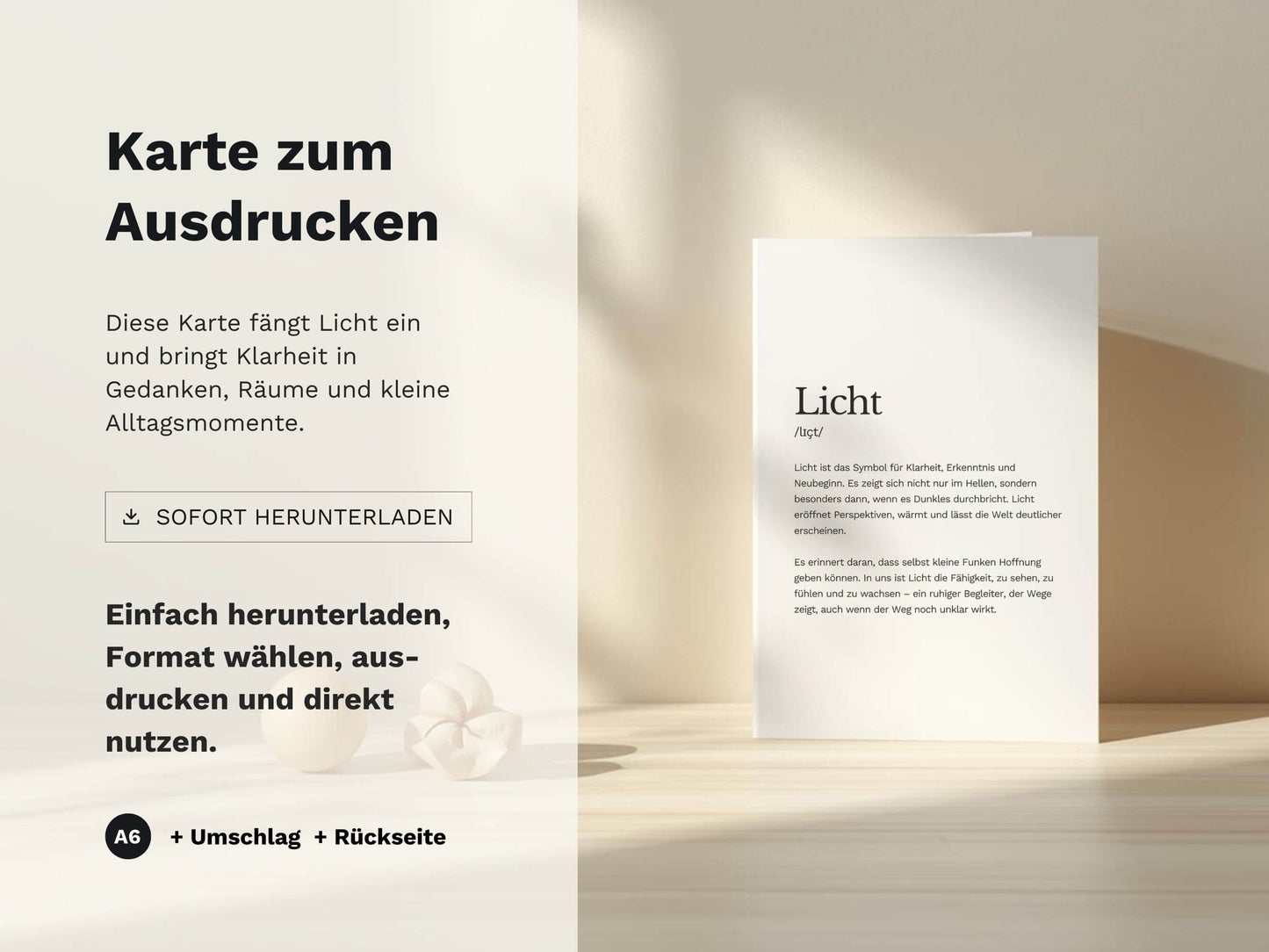 Karte „Licht“ zum Ausdrucken | Postkarte & Faltkarte